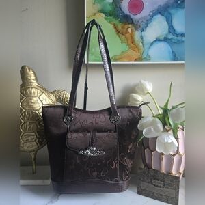 Vintage Brighton Croc Embossed Leather And Nylon Chocolate Brown Tote Bag